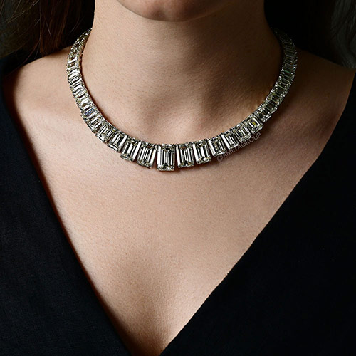 18K White Gold Emerald Cut Diamond Necklace, 164.02 CT