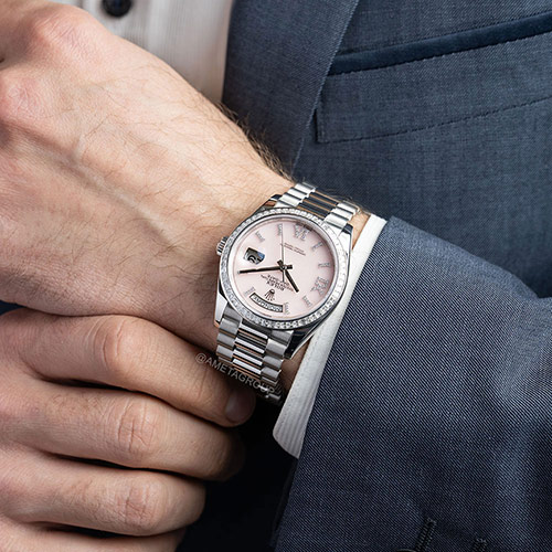 Rolex Day-Date 36, Platinum, Diamond Bezel, Pink Diamond Roman Dial