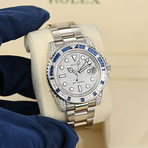 Rolex GMT-Master II, 18K White Gold, Sapphire and Diamond Bezel, Pave Diamond Dial
