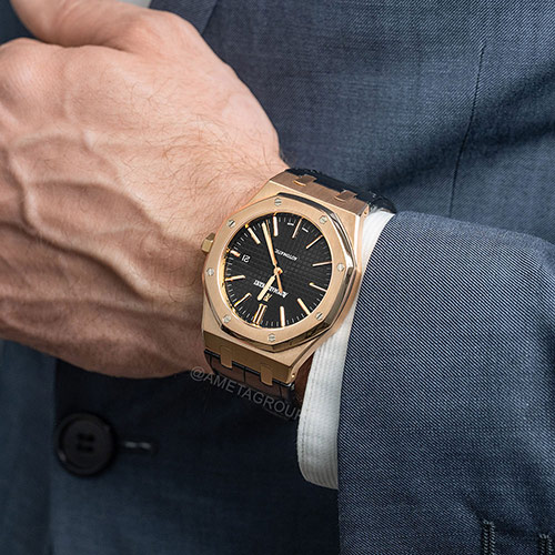 Audemars Piguet Royal Oak, 18K Rose Gold, Black Grande Tapisserie Index Dial