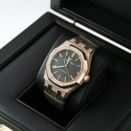 Audemars Piguet Royal Oak, 18K Rose Gold, Diamond Bezel, Grey Dial
