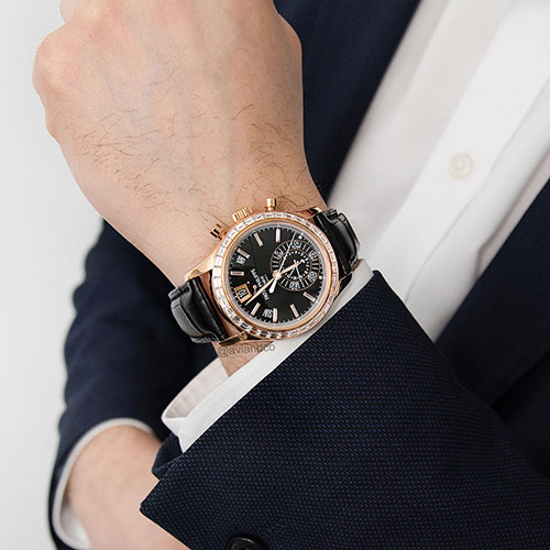 Patek Philippe Complications, 18K Rose Gold, Black Dial, Baguette Diamond Bezel