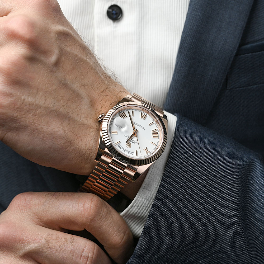 Rolex Day-Date 40, 18K Rose Gold, White Roman Dial, Presidential Bracelet