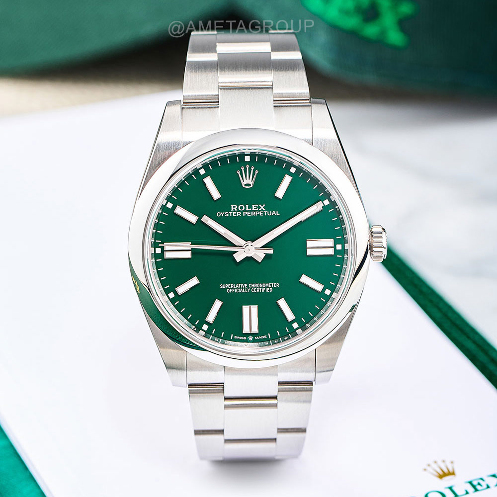 Rolex Oyster Perpetual 41, Stainless Steel, Enamel Green Index Dial