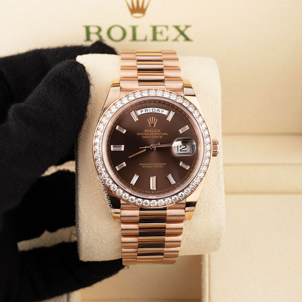 Rolex Day-Date 40, 18K Rose Gold, Diamond Bezel, Chocolate Baguette Dial