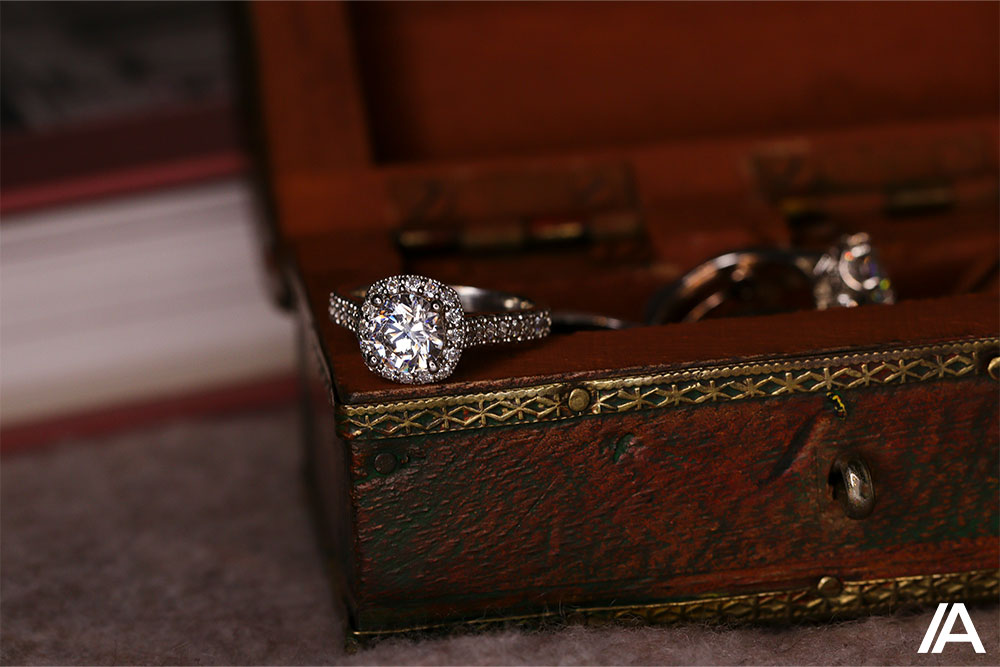 Diamond engagement ring on jewelry box