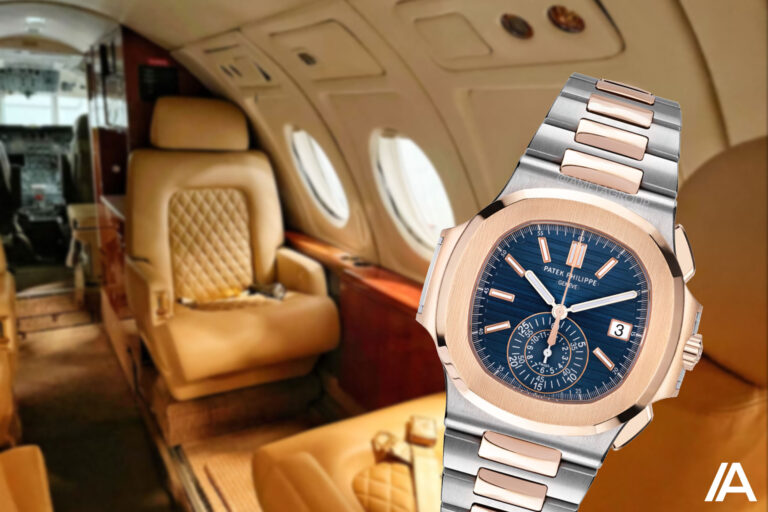 Patek Philippe Nautilus watch with private jet background