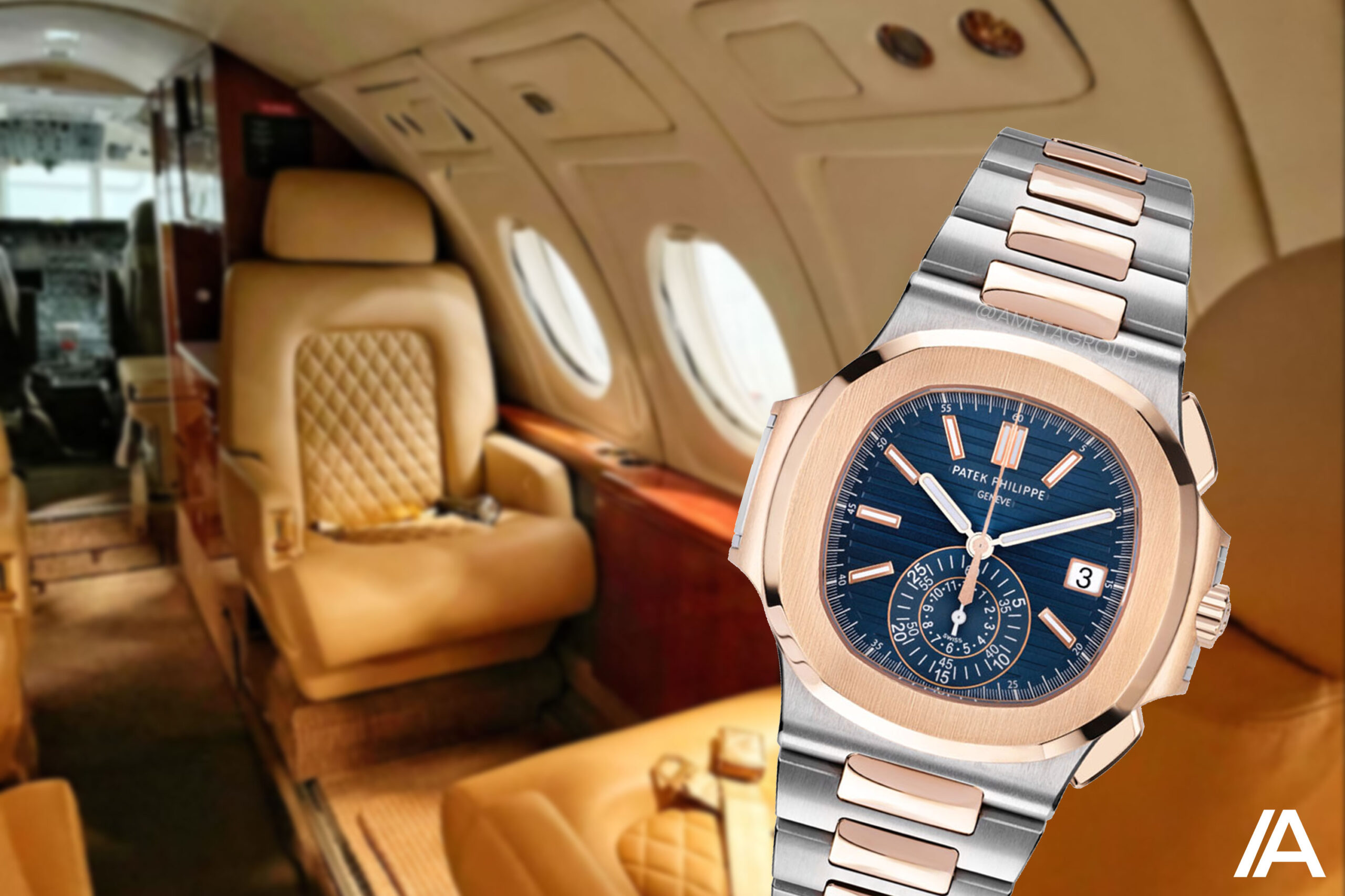 Patek Philippe Nautilus watch with private jet background