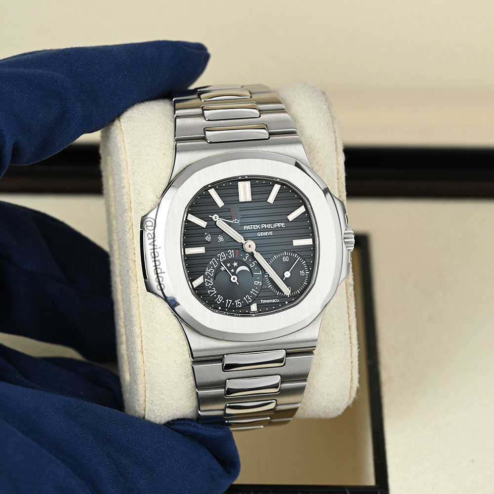 Borrow Against Your Watch, Patek Philippe Nautilus, Tiffany Stamp, Moonphase, Stainless Steel, Blue Index Dial