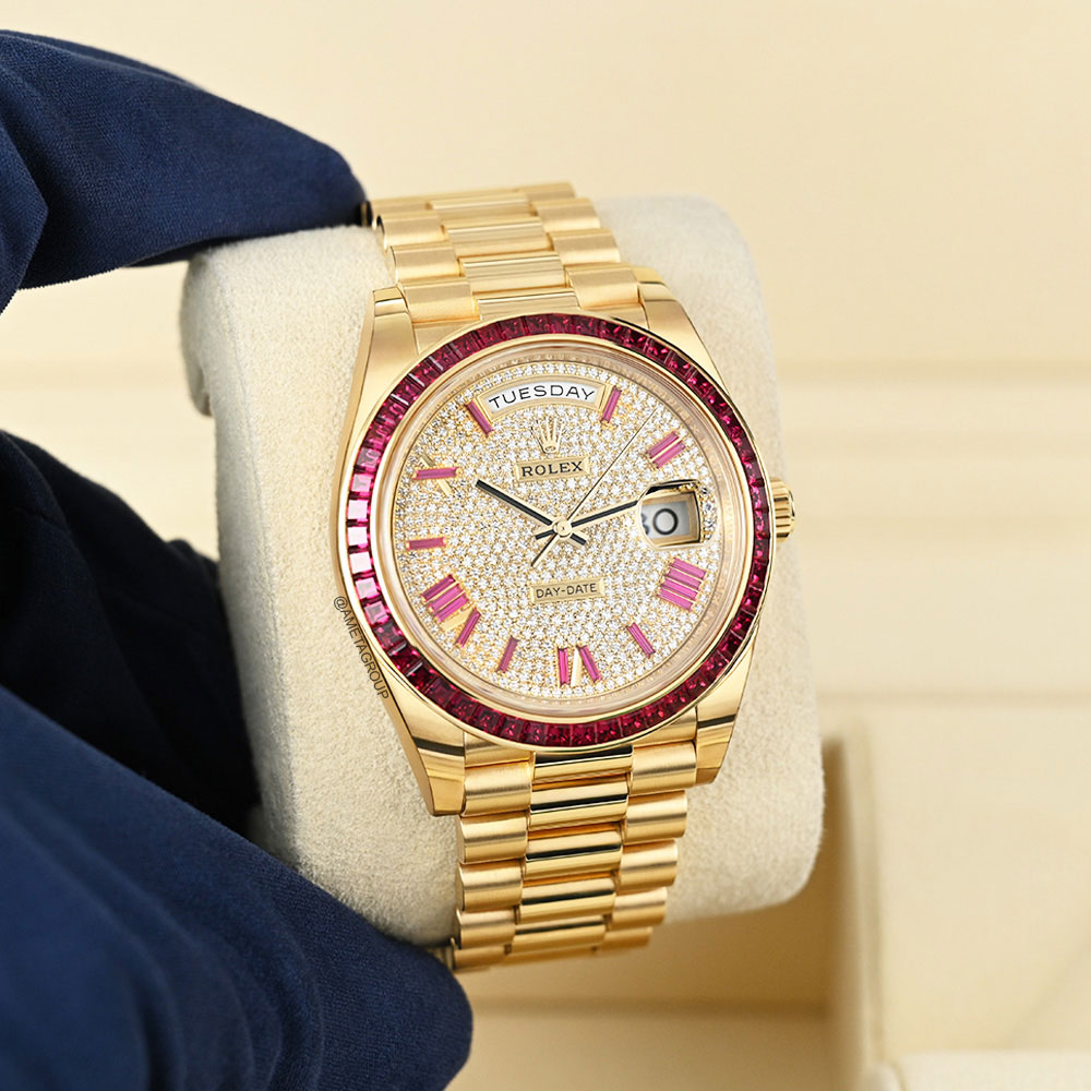 Rolex Day-Date 40, 18K Yellow Gold, Ruby Bezel, Diamond Pave Dial, 40 mm